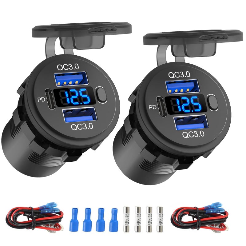 Hapytrip 2 Pack 12 Volt USB Outlet Dual Quick Charge 3.0 Port and PD3.0 USB C Car Battery Chargers Socket, Waterproof 12V Power Outlet Cigarette Lighter Replacement DIY Kit with Voltmeter and Switch - Image 1