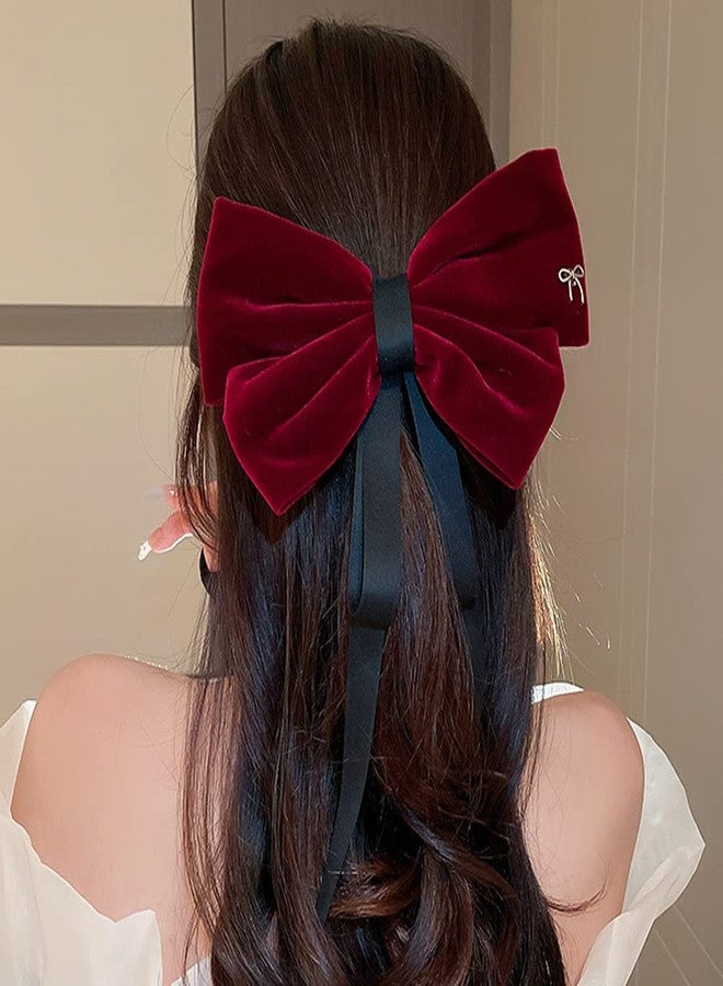 Jumwrit Big Bow Hair Barrette Clip Large Velvet Hair Bow Solid Color Bowknot with Long Ribbon Fashion Hair Clip for Women Girls (Dark Red) - Image 3