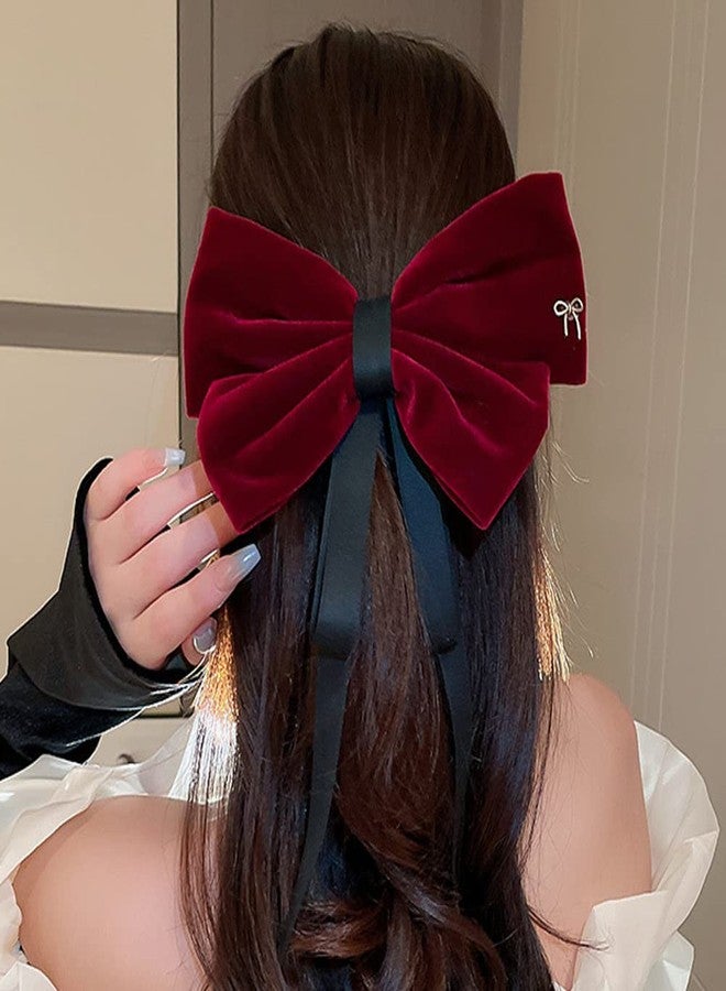 Jumwrit Big Bow Hair Barrette Clip Large Velvet Hair Bow Solid Color Bowknot with Long Ribbon Fashion Hair Clip for Women Girls (Dark Red) - Image 4