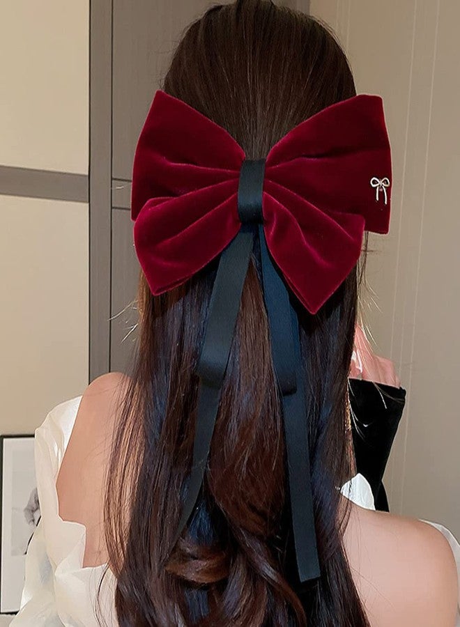 Jumwrit Big Bow Hair Barrette Clip Large Velvet Hair Bow Solid Color Bowknot with Long Ribbon Fashion Hair Clip for Women Girls (Dark Red) - Image 1