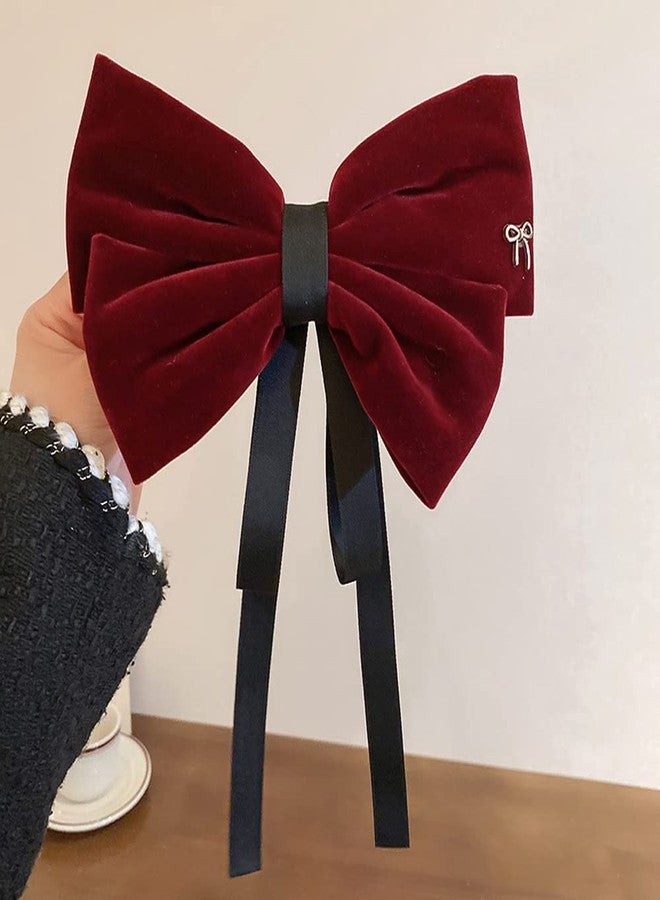 Jumwrit Big Bow Hair Barrette Clip Large Velvet Hair Bow Solid Color Bowknot with Long Ribbon Fashion Hair Clip for Women Girls (Dark Red) - Image 5