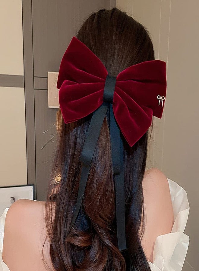 Jumwrit Big Bow Hair Barrette Clip Large Velvet Hair Bow Solid Color Bowknot with Long Ribbon Fashion Hair Clip for Women Girls (Dark Red) - Image 2