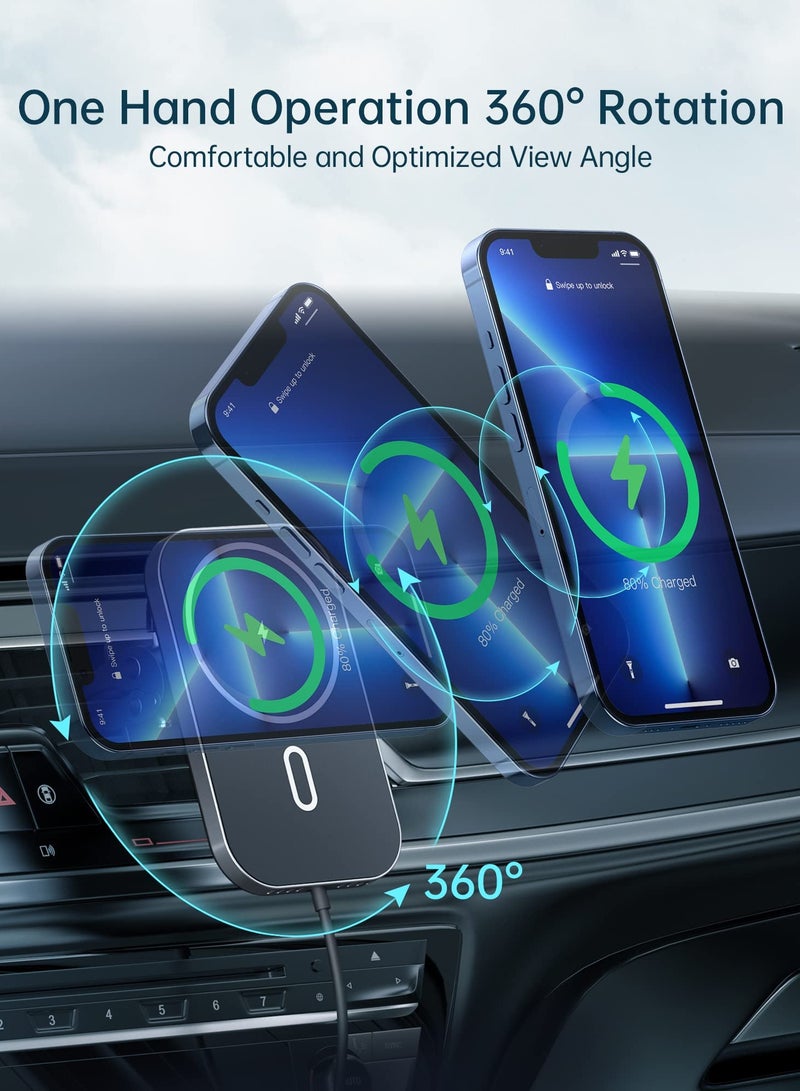 KASTWAVE MagSafe Car Mount Charger, 360 Adjustable Magnetic Wireless Car Charger, Air Vent Magnetic Car Mount Phone Holder Charger Compatible with MagSafe iPhone 14 13 12 Series (with Car Adapter) - Image 3