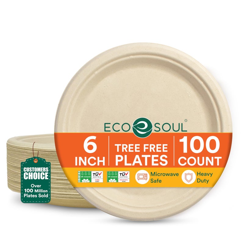 ECO SOUL 6 Inch Compostable Disposable Paper Plates [100 Pack] Food Safe 100% Virgin Bagasse Pulp Heavy Duty Microwave Safe Small Round Dessert Appetizer Plate for Party, Picnic & BBQ (Brown) - Image 1