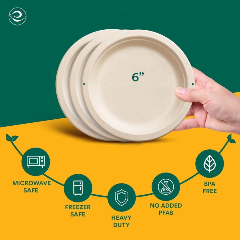 ECO SOUL 6 Inch Compostable Disposable Paper Plates [100 Pack] Food Safe 100% Virgin Bagasse Pulp Heavy Duty Microwave Safe Small Round Dessert Appetizer Plate for Party, Picnic & BBQ (Brown) - Image 2