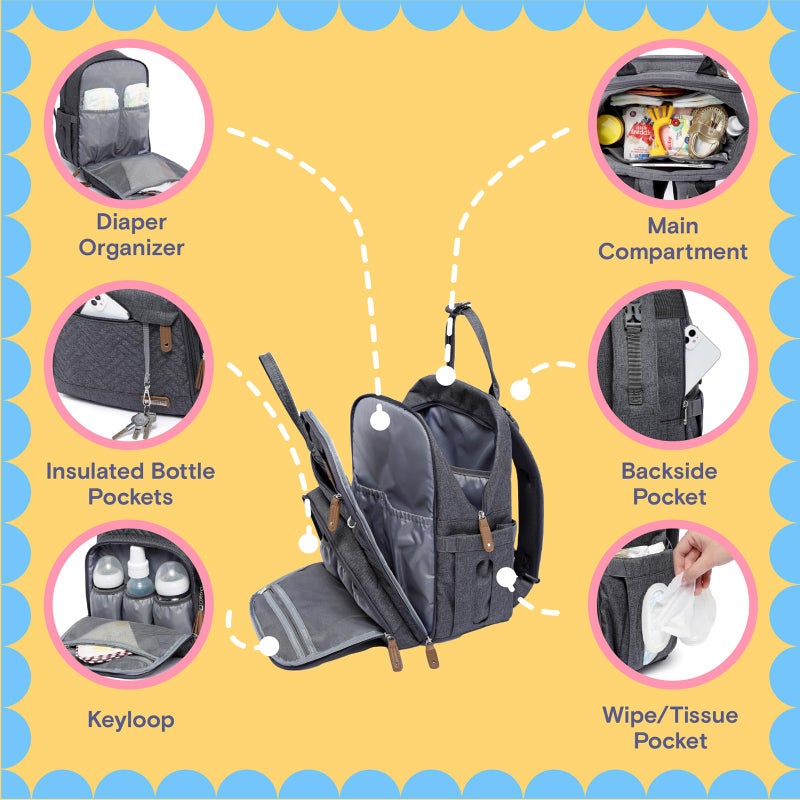 iniuniu Diaper Bag Backpack, 4 in 1 kit Large Unisex Baby Bags for Boys Girls, Waterproof Travel Back Pack with Pouch, Washable Changing Pad, Pacifier Case and Stroller Straps, Dark Gray - Image 5