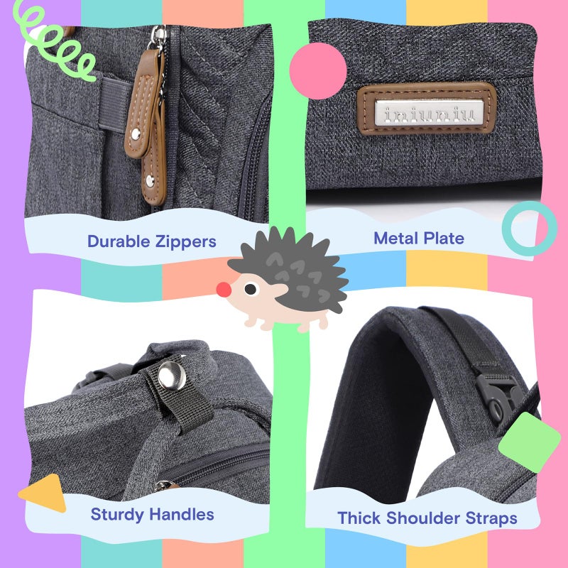 iniuniu Diaper Bag Backpack, 4 in 1 kit Large Unisex Baby Bags for Boys Girls, Waterproof Travel Back Pack with Pouch, Washable Changing Pad, Pacifier Case and Stroller Straps, Dark Gray - Image 3
