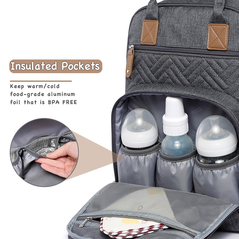 iniuniu Diaper Bag Backpack, 4 in 1 kit Large Unisex Baby Bags for Boys Girls, Waterproof Travel Back Pack with Pouch, Washable Changing Pad, Pacifier Case and Stroller Straps, Dark Gray - Image 2