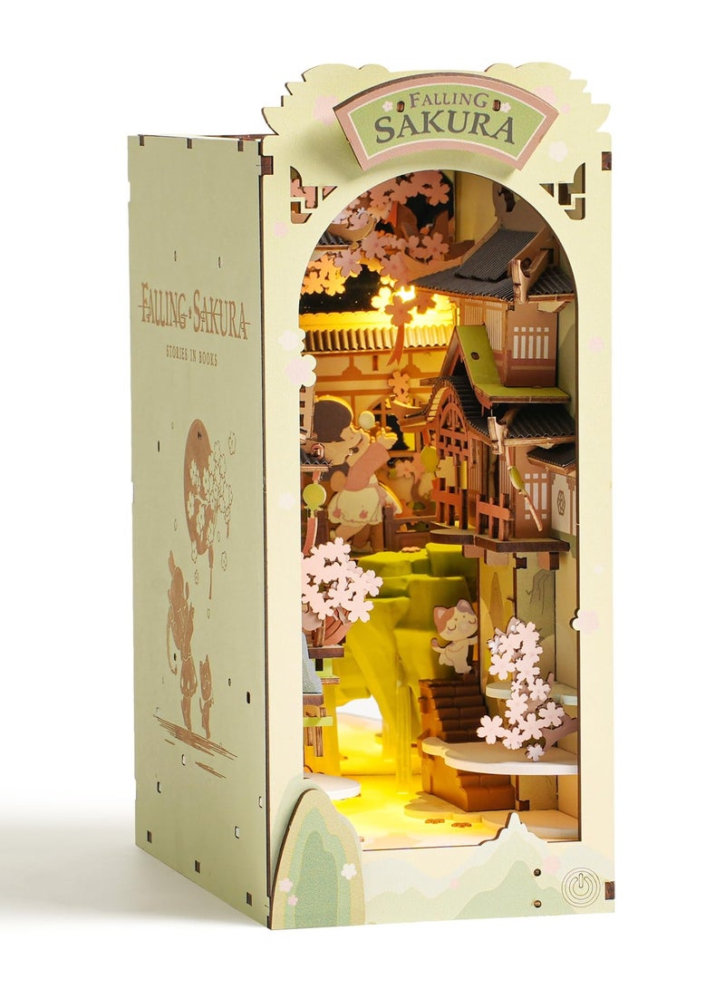 Falling Sakura 3D Puzzle Dollhouse Kit with LED Lights, Charming Wooden Model for Adults, Perfect Bookshelf Decoration and Birthday Gift for Girls and Women - Image 1