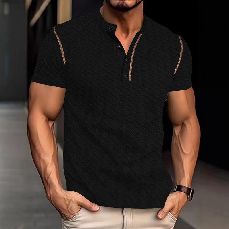 Mens Casual Short Sleeve Polo Shirt with Button Placket Vintage Color Block Design - Image 2