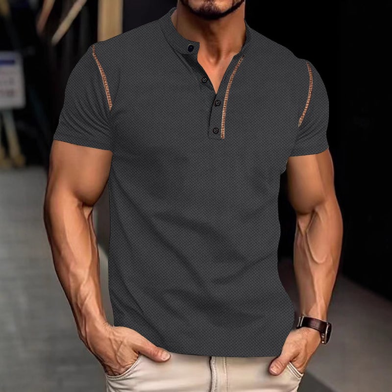 Mens Casual Short Sleeve Polo Shirt with Button Placket Vintage Color Block Design - Image 5