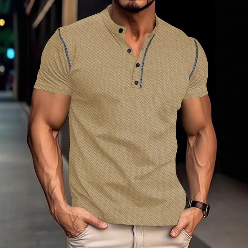 Mens Casual Short Sleeve Polo Shirt with Button Placket Vintage Color Block Design - Image 4