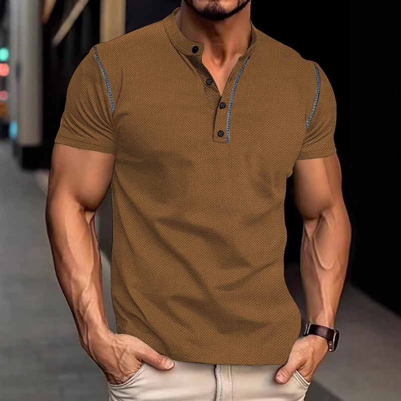 Mens Casual Short Sleeve Polo Shirt with Button Placket Vintage Color Block Design - Image 1