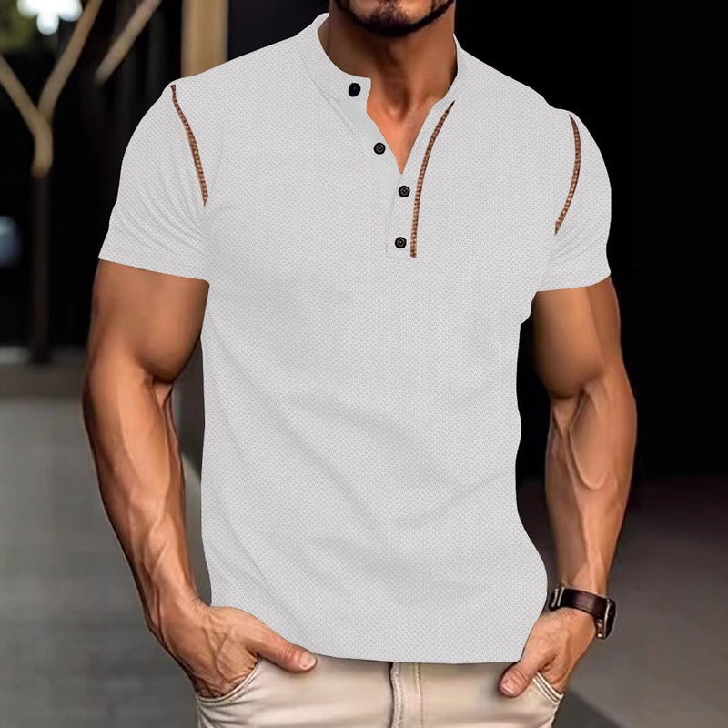 Mens Casual Short Sleeve Polo Shirt with Button Placket Vintage Color Block Design - Image 3