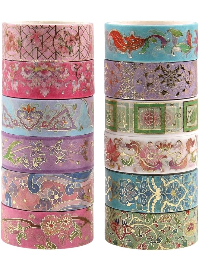 erorex Washi Tape Set 12 Rolls Vintage Masking Tape Gold Foil Decorative Tape 5M 16.4Ft Long Glitting Oriental Aesthetic Journaling Supplies For Planner Bujo Artistic Projects Flower - Image 1