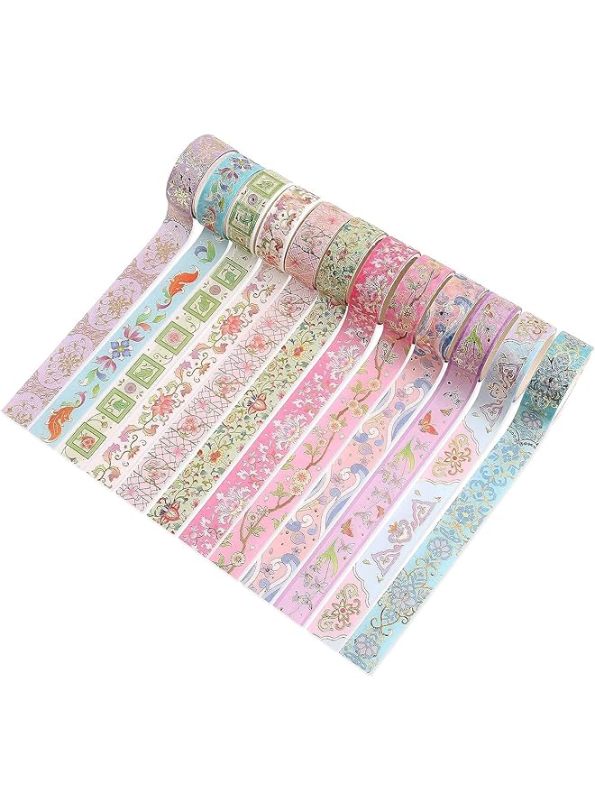 erorex Washi Tape Set 12 Rolls Vintage Masking Tape Gold Foil Decorative Tape 5M 16.4Ft Long Glitting Oriental Aesthetic Journaling Supplies For Planner Bujo Artistic Projects Flower - Image 2