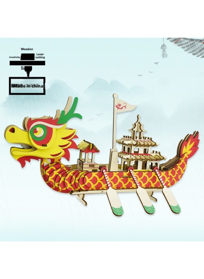 Dragon Boat Festival 3d Wooden Jigsaw Puzzle Building Blocks Ornaments Stall Night Market Children's Toy Model Dragon Boat-Color:[annual Activity] Chinese Dragon Boat  - Image 2