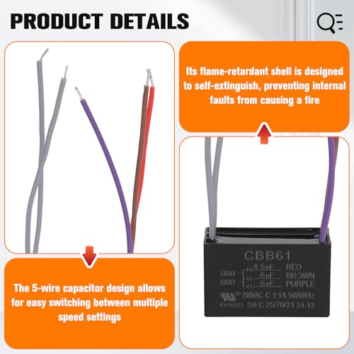Podoy Ceiling Fan Capacitor 5 Wire for Compatible with New TECH Harbor Breeze 4.5uf 6uf 6uf 50/60Hz AC 250V CBB61 - Image 4