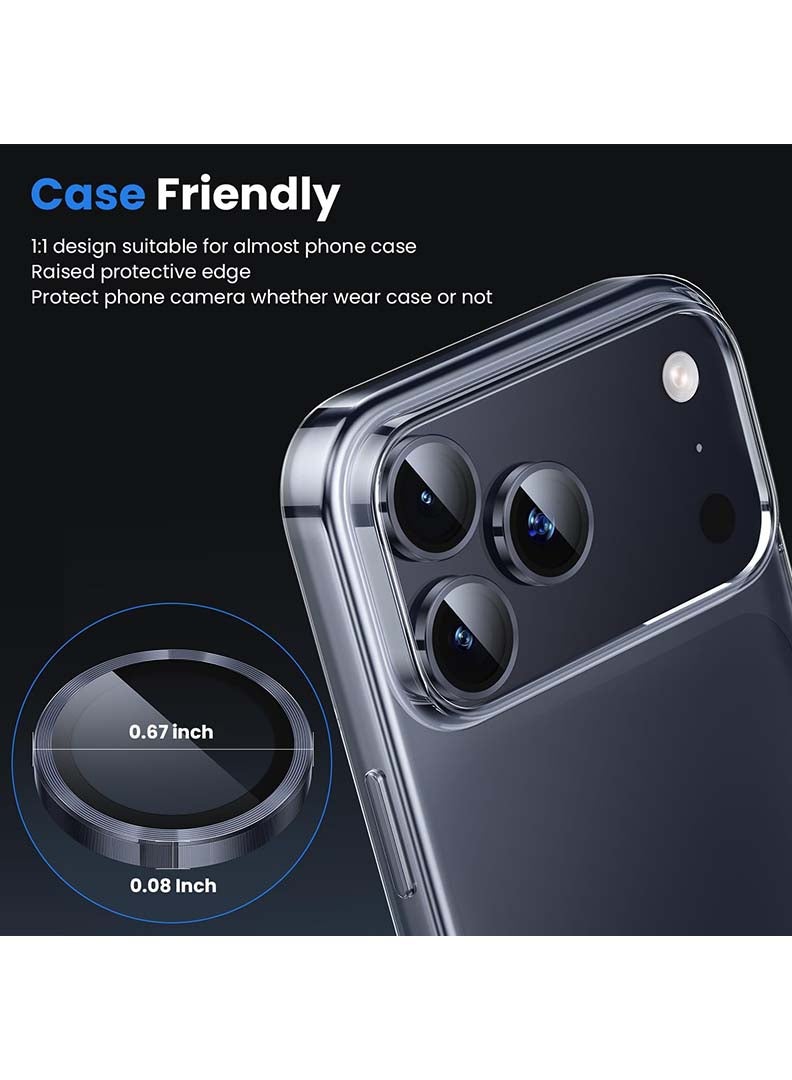 Case Up 3 Pcs Camera Lens Protector Compatible For iPhone 17 Pro Max /17 Pro , With 9H Tempered HD Glass Camera Cover Anti Scratch Aluminum Alloy Camera Ring, Navy - Image 5