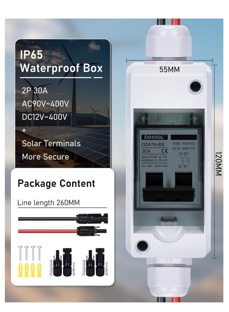 Excefore Solar Panels 30 Amp Solar Disconnect Switch, Outdoor Small Breaker Box, Waterproof Disconnect Switch, Waterproof UV-Proof Outdoor Box, Miniature Circuit Breaker with din Rail Enclosure - Image 4