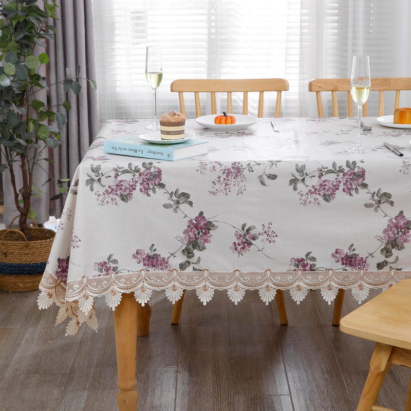 Walrus Heavy Duty Vinyl Tablecloth Elegant Floral Lace-Trimmed Tablecloth Vintage Flower Pattern, Waterproof Oil-Proof Plastic Table Cloth Stain-Resistant Wipeable(Purple Floral, 60X60 Inch) - Image 4