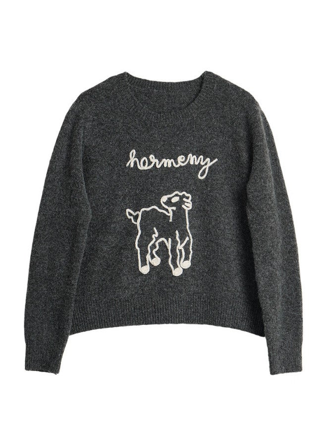 Olrain Women's Gray Jacquard Pattern Pullover Sweater Autumn French Style Commuter Top Gray M - Image 4