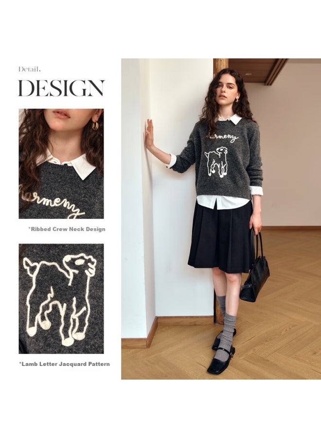 Olrain Women's Gray Jacquard Pattern Pullover Sweater Autumn French Style Commuter Top Gray M - Image 2