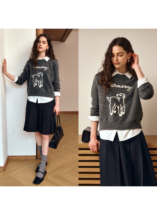 Olrain Women's Gray Jacquard Pattern Pullover Sweater Autumn French Style Commuter Top Gray M - Image 1