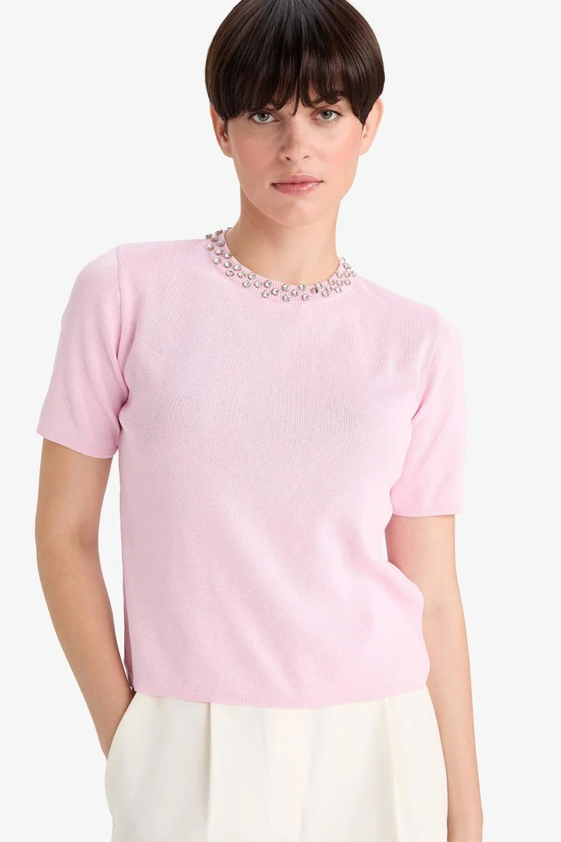 DeFacto Regular Fit Crew Neck Embroidered Knitwear Pullover