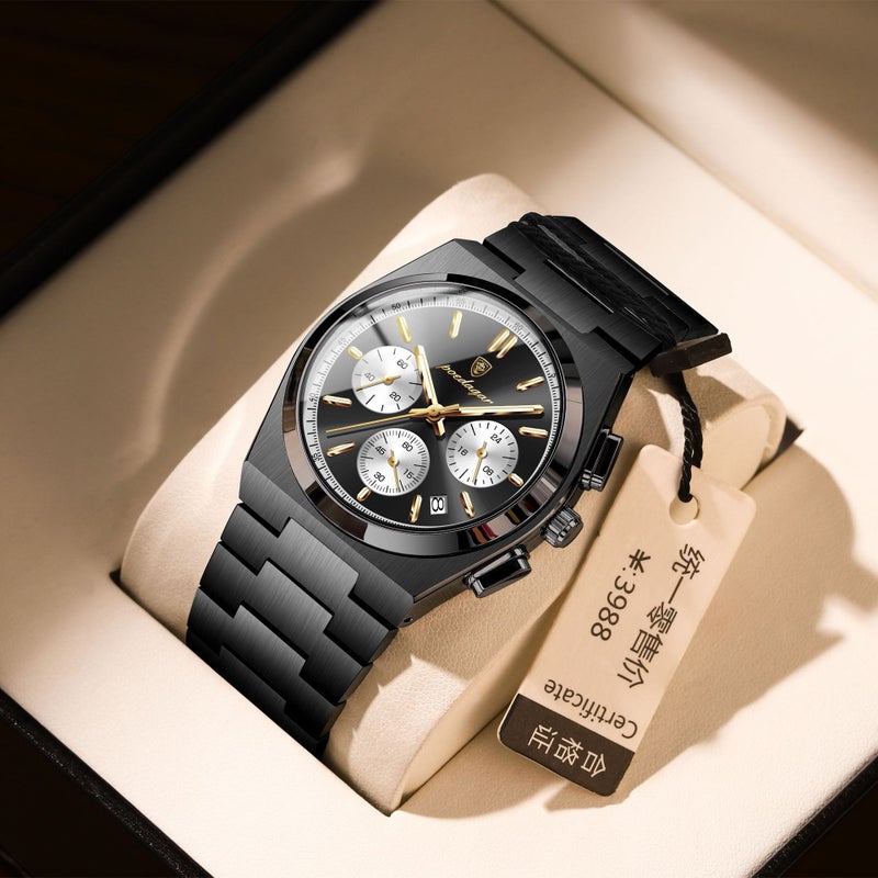 Swiss Brand Mens Waterproof Multifunctional Luminous Ultra-Thin Quartz Watch P970 black shell black face white ring steel belt 