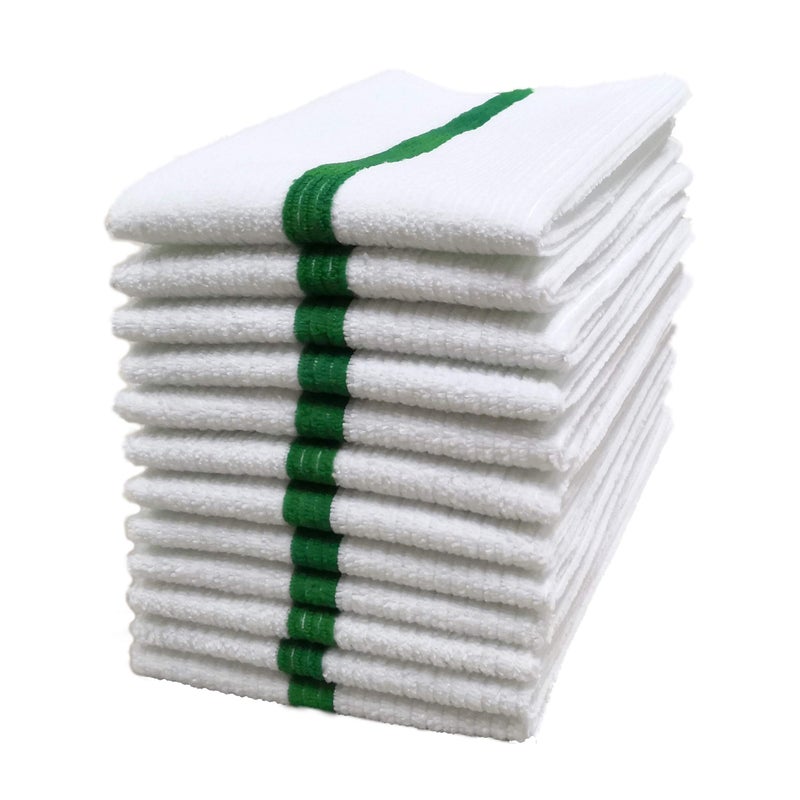 POLYTE Microfiber All-Purpose Ribbed Terry Bar Mop Towel for Home, Kitchen, Restaurant Cleaning (14x17, White w/Green Stripe) 12 Pack - Image 1