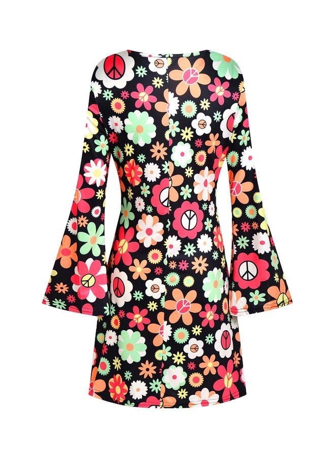 Deerjoke 60s 70s Disco Outfit Hippie Costume Women, 1970 Style Clothes Dress Peace Sign Accessories Jewelry Halloween, Black, XL - Image 3