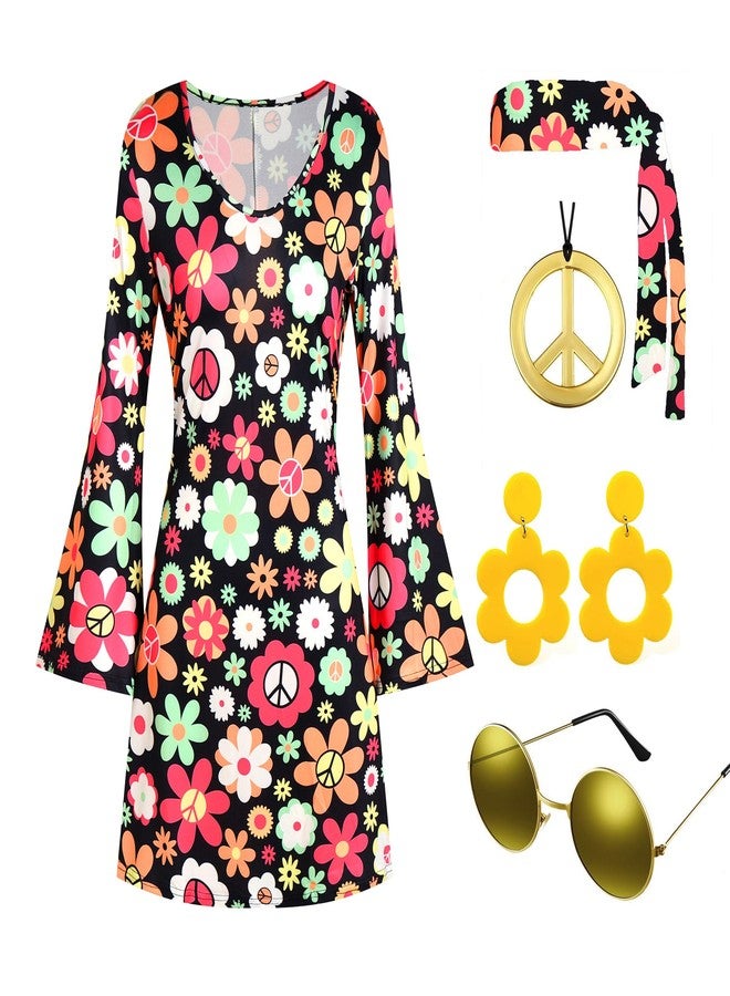Deerjoke 60s 70s Disco Outfit Hippie Costume Women, 1970 Style Clothes Dress Peace Sign Accessories Jewelry Halloween, Black, XL - Image 1