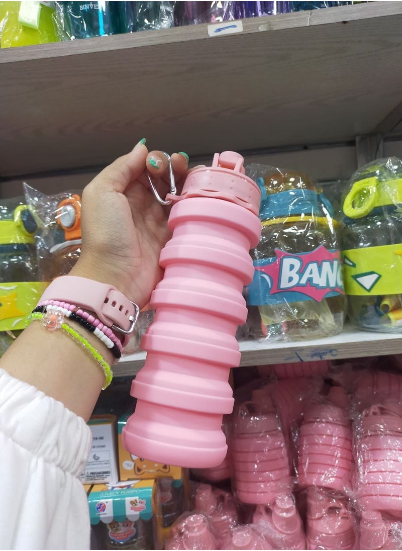 Foldable and reusable sports water bottle made of silicone and BPA-free, for use in outdoor places, travel, camping and hiking for children, students, girls and women,