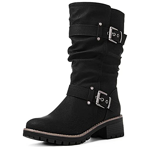 GLOBALWIN Womens Mid Calf Dress Boots Biker Motorcycle Riding Boots Women For Women Black Size 7M - Image 1