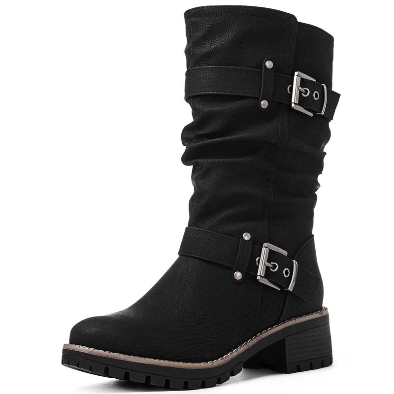 GLOBALWIN Womens Mid Calf Dress Boots Biker Motorcycle Riding Boots Women For Women Black Size 7M - Image 2