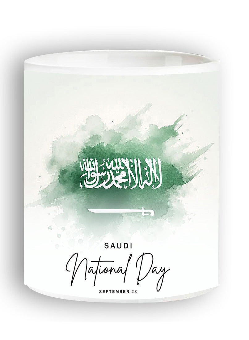 اليوم الوطني ، مج من السيراميك بطبعة تصميم لليوم الوطني السعودي بلون أبيض