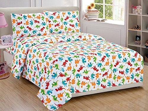 Linen Plus Sheet Set for Kids/Teens Dinosaur Jurassic White Orange Blue Red Green Yellow Flat Sheet Fitted Sheet and Pillow Cases Full Size New - Image 2