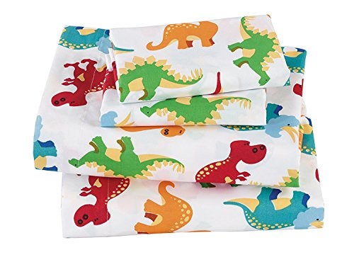 Linen Plus Sheet Set for Kids/Teens Dinosaur Jurassic White Orange Blue Red Green Yellow Flat Sheet Fitted Sheet and Pillow Cases Full Size New - Image 3