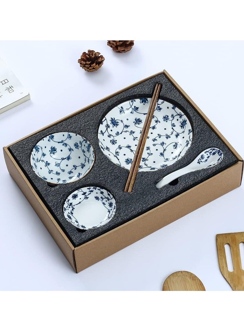SYOSI Blue and White Porcelain Dinnerware Set, Dishes, Bowl, Spoon, Chopsticks, Service for 1, Colorful Glazed Ceramic Set, Gift Box Packaging (Tang Grass) - Image 1