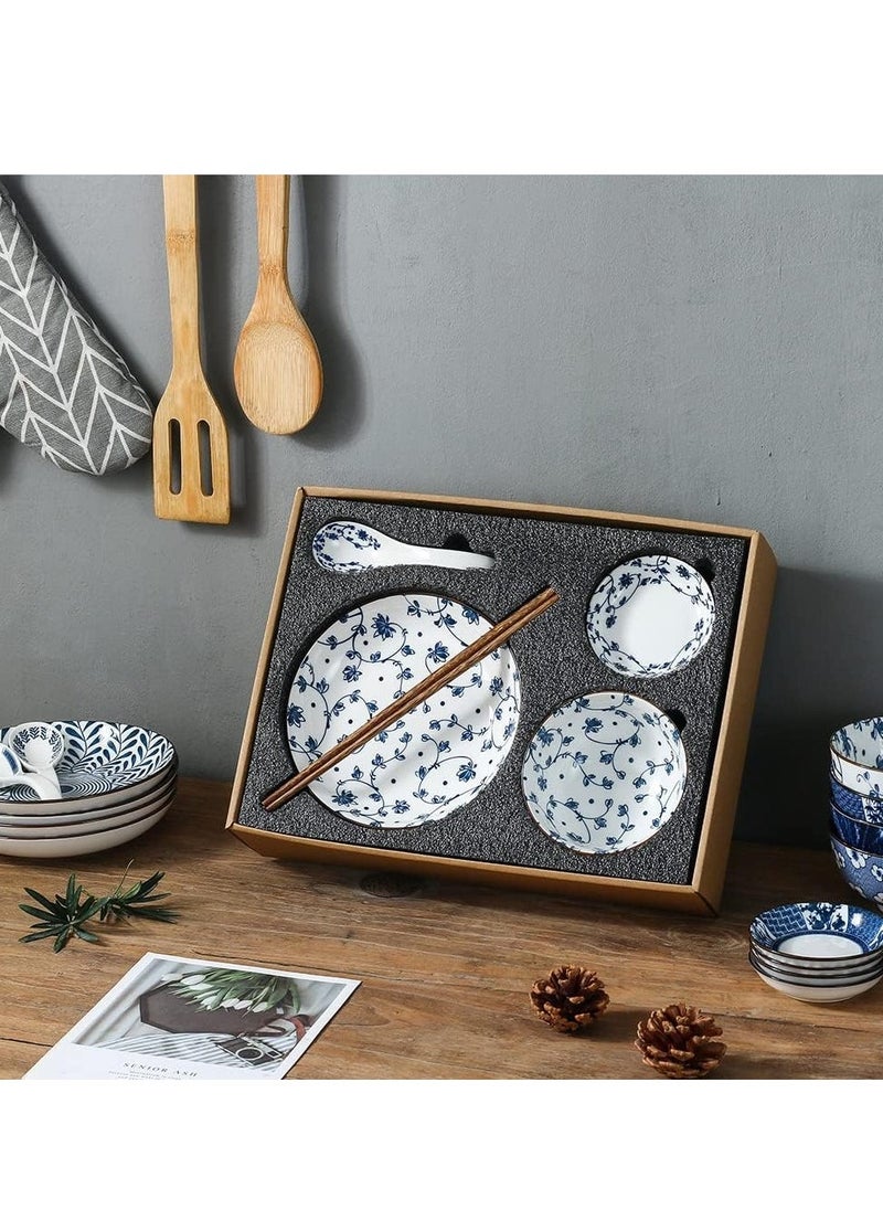 SYOSI Blue and White Porcelain Dinnerware Set, Dishes, Bowl, Spoon, Chopsticks, Service for 1, Colorful Glazed Ceramic Set, Gift Box Packaging (Tang Grass) - Image 4