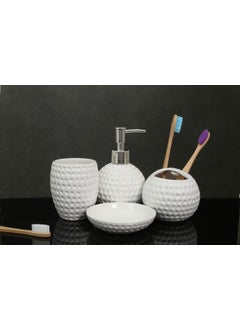 JD Enterprise JD ENTERPRISE Dots Carved Ceramic Durable 4 Pieces Bathroom Set Liquid Soap Dispenser Toothbrush Holder Soap Dish Tumbler Holder White  - Image 1