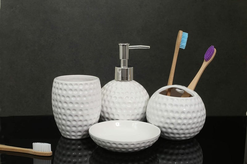 JD Enterprise JD ENTERPRISE Dots Carved Ceramic Durable 4 Pieces Bathroom Set Liquid Soap Dispenser Toothbrush Holder Soap Dish Tumbler Holder White  - Image 1