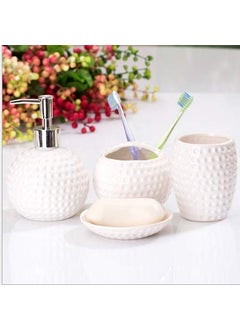 JD Enterprise JD ENTERPRISE Dots Carved Ceramic Durable 4 Pieces Bathroom Set Liquid Soap Dispenser Toothbrush Holder Soap Dish Tumbler Holder White  - Image 2