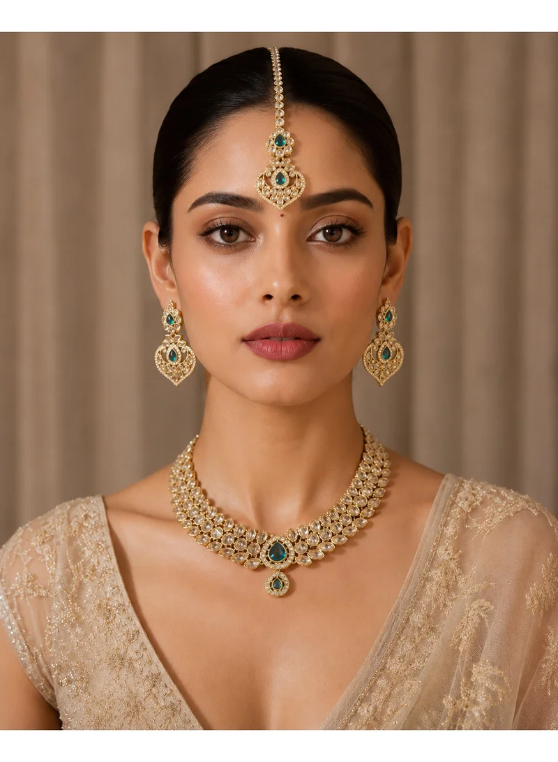 Lehar Teal Green Kundan Collar Necklace Set with Maang Tikka - Indian Bridal Jewelry