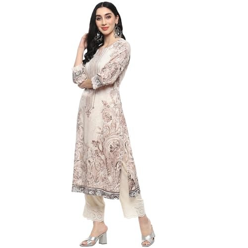 BIBA Women Viscose Printed Regular Fit Straight Kurta Mix and Match(Jamawar20171_Brown_32) - Image 2