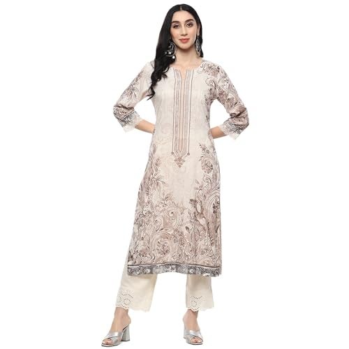 BIBA Women Viscose Printed Regular Fit Straight Kurta Mix and Match(Jamawar20171_Brown_32) - Image 1