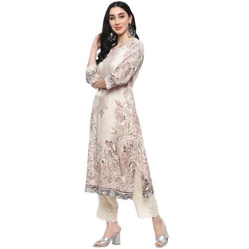 BIBA Women Viscose Printed Regular Fit Straight Kurta Mix and Match(Jamawar20171_Brown_32) - Image 3