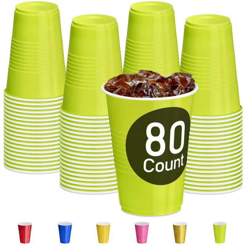 DecorRack 80 Count Green Party Cups 16 oz BPA Free Plastic Cups Perfect for Birthday Picnic Indoor and Outdoor Event Stackable Reusable Disposable Round Beverage Drinking Cups 80 Pack