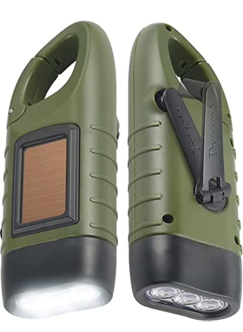 2 Pack Hand Crank Solar Powered Flashlight, Emergency Rechargeable LED Flashlight, Survival Flashlight, Quick Snap Carbiner Dynamo Flashlight Torch for Outdoor Sports, Green - Image 1